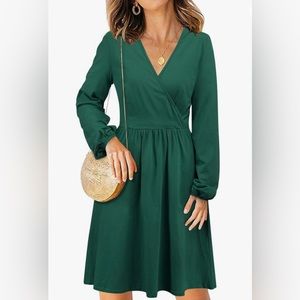 V Neck Long Puff Sleeve Dress with Pockets